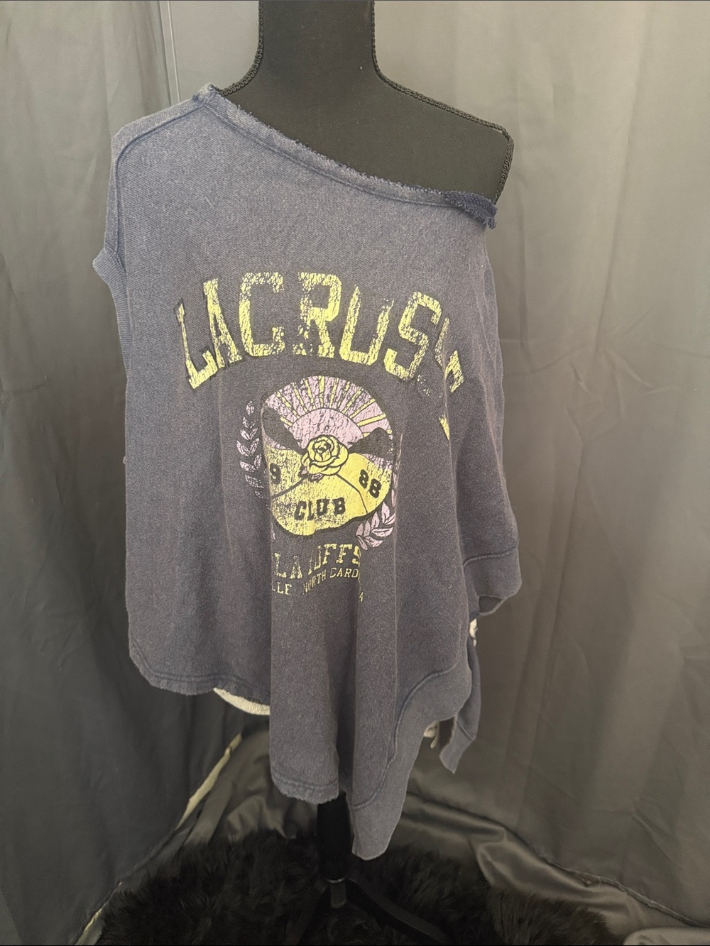 Free People Navy Off-Shoulder Graphic Sweatshirt with Yellow & Pink Print